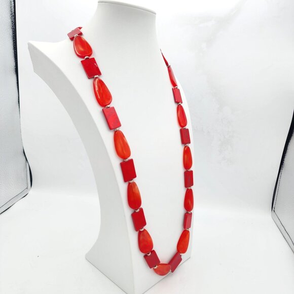 Long Handmade Titto Red Carnelian Colored Bead Slab Silver Station Necklace Fall - Picture 7 of 9